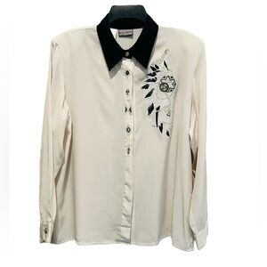 Vintage 80s Ivory Blouse Shirt Black Collar Embroidered Dream Catcher Feathers